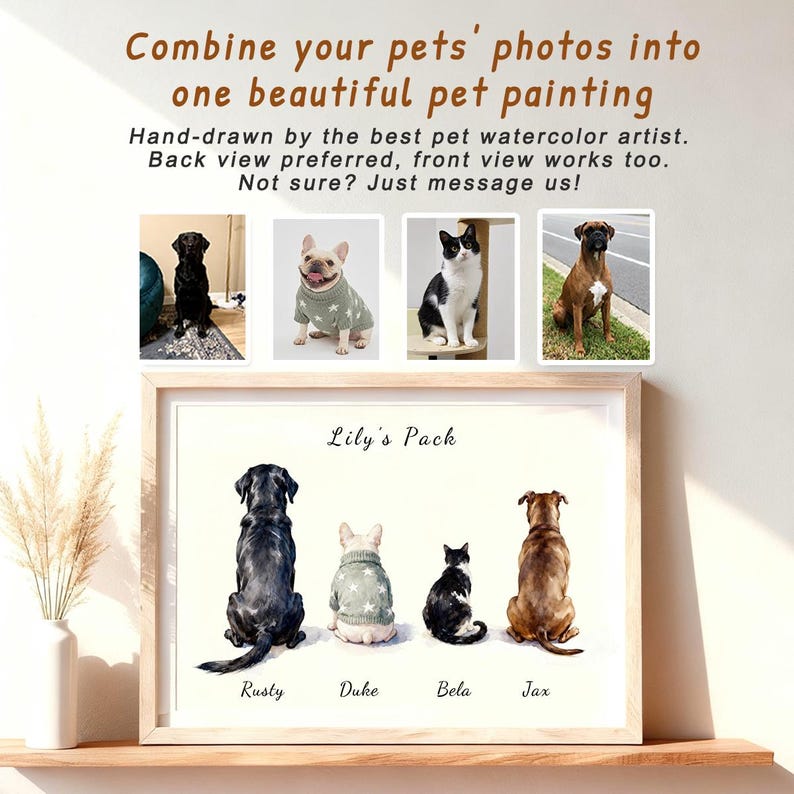 May include: A framed watercolor painting featuring four pets sitting in a row, seen from behind. The artwork displays a black dog, a light-colored dog in a star-patterned sweater, a black and white cat, and a brown dog, with the text Lily's Pack.