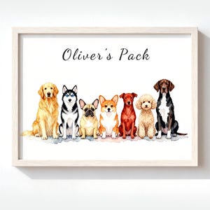 May include: Watercolor print featuring seven different dog breeds, including a golden retriever, husky, and poodle, arranged in a row. The artwork is framed in a light wood frame and includes the text "Oliver's Pack" at the top.