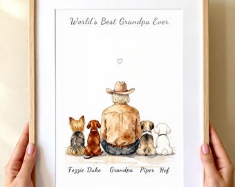 Retrato del perro del abuelo, regalo para el perro del abuelo, lámina familiar del abuelo, regalo para el abuelo, retrato de varias mascotas, regalo del nieto, decoración de pared del abuelo