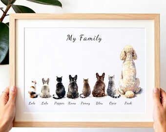 Lámina familiar de mascotas, retrato personalizado de mascota con pájaro a partir de una foto, arte familiar personalizado de perros, gatos y pájaros, lámina de nuestra familia, regalo para dueños de mascotas