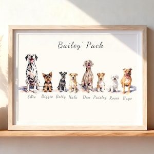 May include: A framed watercolor print titled Bailey' Pack featuring eight dogs in a row. The dogs are identified by the names Ellie, Biggie, Betty, Nala, Dan, Paisley, Rosie, and Hugo printed in black text below each corresponding illustration.