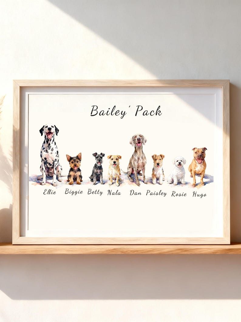 May include: A framed watercolor print titled Bailey' Pack featuring eight dogs in a row. The dogs are identified by the names Ellie, Biggie, Betty, Nala, Dan, Paisley, Rosie, and Hugo printed in black text below each corresponding illustration.