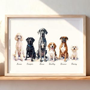 Puede incluir: Una impresión en acuarela enmarcada que muestra seis perros sentados en fila, etiquetados con los nombres Luna, Cooper, Zeus, Bailey, Bruno y Daisy. Los perros incluyen un caniche blanco, un labrador negro, un gran danés gris, un beagle, un bóxer y un perro blanco pequeño.