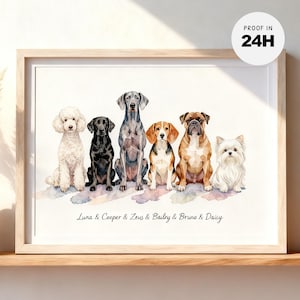 May include: A framed watercolor print featuring six dogs sitting in a row: a white poodle, a black Labrador, a grey Great Dane, a beagle, a boxer, and a white terrier. Below the dogs, the text reads Luna & Cooper & Zeus & Bailey & Bruno & Daisy.