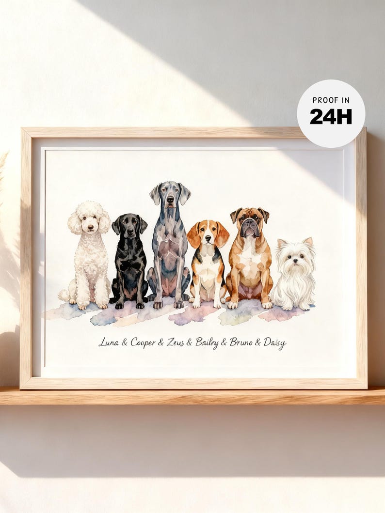 May include: A framed watercolor print featuring six dogs sitting in a row: a white poodle, a black Labrador, a grey Great Dane, a beagle, a boxer, and a white terrier. Below the dogs, the text reads Luna & Cooper & Zeus & Bailey & Bruno & Daisy.