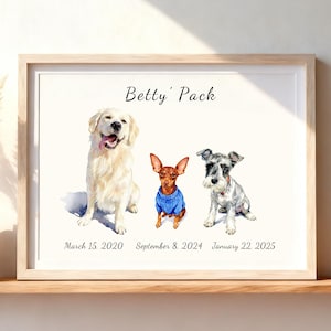 May include: A framed watercolor print featuring three dogs: a cream-colored Golden Retriever, a small brown dog wearing a blue sweater, and a grey and white Schnauzer. The text "Betty' Pack" appears at the top, with dates below each dog.