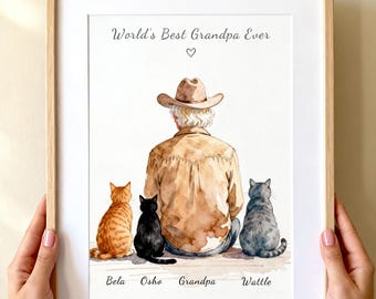 Regalo para el abuelo gato, retrato del abuelo gato, lámina familiar del abuelo, regalo para el abuelo, retrato de varias mascotas, regalo del nieto, decoración de pared para el abuelo
