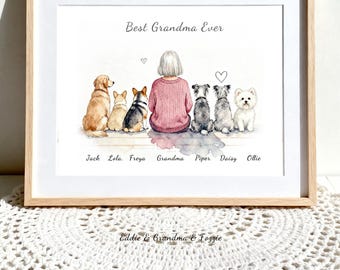 Regalo para la abuela, Día de la Madre, Retrato personalizado de la abuela y 6 perros, Cumpleaños de la abuela, Regalos para la abuela perruna