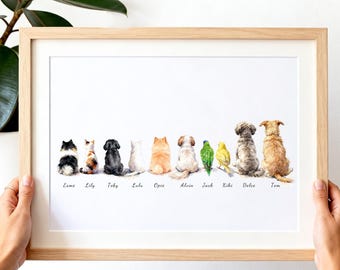 Nuestra lámina familiar, retrato familiar personalizado de mascotas grandes a partir de una foto, arte de pared personalizado con varios perros, gatos y pájaros, lámina familiar de mascotas, regalo para dueños de mascotas