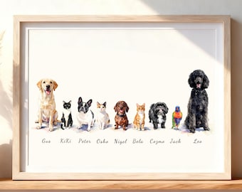 9 Retratos de Mascotas en Acuarela / Pintura de Nueve Mascotas a partir de una Foto / Combinación de Retratos de Mascotas Arte de Múltiples Mascotas Descarga Digital Lienzo Enmarcado Impresión Regalo