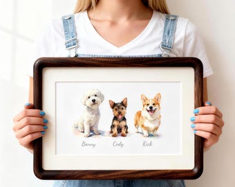 Retrato enmarcado de varias mascotas a partir de una foto, marco de madera maciza, acuarela personalizada de perro y gato, regalo artístico para combinar mascotas, arte de pared personalizado con nombres.