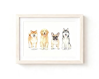Custom Watercolor Four Dogs Portrait With Names Using Pet Photo Personalized Digital Multiple Dogs Art Dog Family Portrait Gift Print