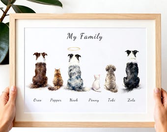 Lámina familiar con mascotas, retrato personalizado de varias mascotas a partir de una foto, arte de pared para perros y gatos de gran tamaño, lámina familiar personalizada, regalo para dueños de mascotas