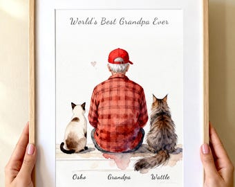 Regalo para el abuelo gato, retrato del abuelo gato, retrato personalizado del abuelo, regalo para el abuelo, regalo de la nieta, decoración de pared para el abuelo