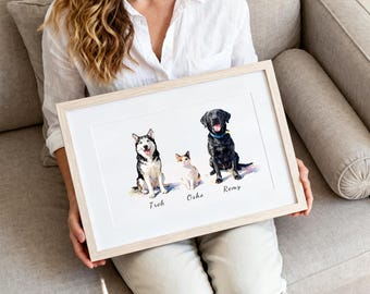 Retrato personalizado en acuarela de 3 perros, combina fotos de mascotas en una sola pintura, regalo para amantes de los perros