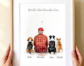 Retrato del perro del abuelo, regalo para el perro del abuelo, lámina familiar del abuelo, regalo para el abuelo, retrato de varias mascotas, regalo del nieto, decoración de pared del abuelo