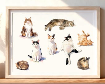 8 retratos de gatos en acuarela / Pintura de ocho gatos a partir de una foto / Retrato de gatos graciosos en diferentes poses / Arte de varios gatos / Descarga digital / Impresión en lienzo