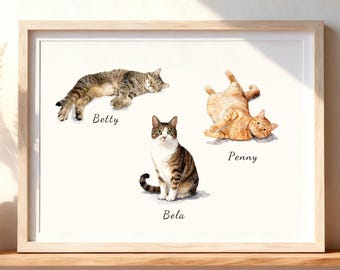 Retrato de 3 gatos en acuarela / Pintura de tres gatos a partir de una foto / Retrato de gatos graciosos en diferentes poses / Arte de varios gatos / Descarga digital / Impresión en lienzo