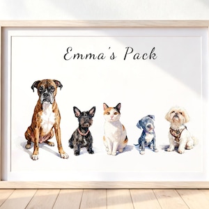 May include: A framed watercolor print featuring the text "Emma's Pack" above five pets: a brown and white Boxer, a small black dog with a pink collar, a calico cat, a small grey and white puppy, and a fluffy white dog wearing a brown harness.