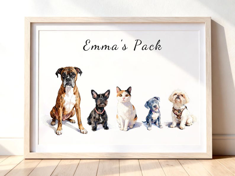 May include: A framed watercolor print featuring the text "Emma's Pack" above five pets: a brown and white Boxer, a small black dog with a pink collar, a calico cat, a small grey and white puppy, and a fluffy white dog wearing a brown harness.