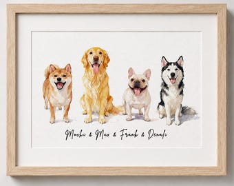 Retrato de varios perros con foto de mascota personalizada, retrato de perros, arte de varios perros, láminas de varios perros, regalos para varias mascotas, acuarela