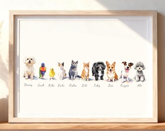 10 Retratos de Mascotas en Acuarela / Pintura de Diez Mascotas a partir de una Foto / Mini Pintura Personalizada de Retratos de Mascotas Combinadas Arte de Grupo de Mascotas Descarga Digital Regalo