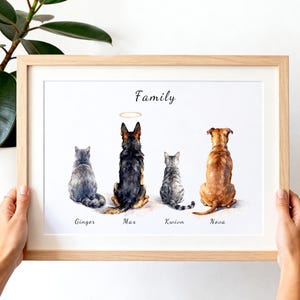 May include: A framed watercolor print titled Family featuring four pets sitting with their backs to the viewer. From left to right, a gray cat named Ginger, a German Shepherd named Max with a halo, a tabby cat named Kwivn, and a brown dog named Nova.