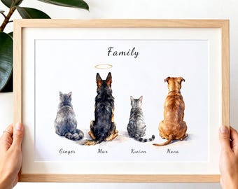 Lámina familiar con mascotas, retrato personalizado de mascotas a partir de una foto, arte de pared personalizado para perros y gatos, lámina "Nuestra Familia", regalo para dueños de mascotas