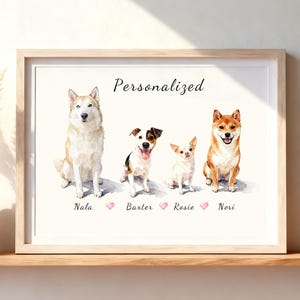 May include: A framed watercolor print featuring four dogs sitting in a row with the text Personalized above them. The names Nala, Baxter, Rosie, and Nori are printed below each dog, separated by small pink hearts on a white background.