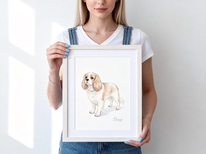 May include: A framed art print featuring a watercolor illustration of a white and tan Cavalier King Charles Spaniel standing in profile. The dog has long, floppy ears and a soft expression. The name Daisy is written in cursive script below the dog.
