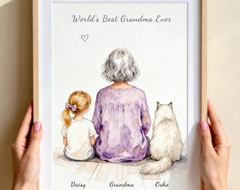 Regalo para la abuela, Día de la Madre, Lámina personalizada de gato para abuela y nieta, Regalo de la nieta, Cumpleaños de la abuela