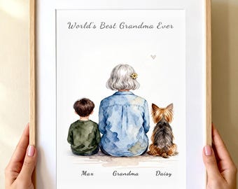 Regalo para la abuela, Día de la Madre, Lámina personalizada de la abuela y su nieto con su perro, Regalo del nieto, Cumpleaños de la abuela