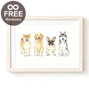 Puede incluir: Impresión en acuarela enmarcada de cuatro razas de perros: Shiba Inu, Golden Retriever, Bulldog Francés y Husky Siberiano. La impresión está en un marco de madera clara e incluye el texto "FREE Revisions" en un círculo.