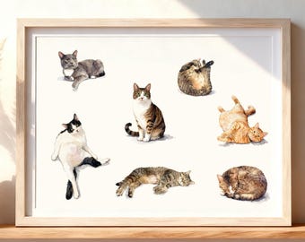 7 retratos de gatos en acuarela / Pintura de siete gatos a partir de una foto / Retrato de gatos graciosos en diferentes poses / Arte de varios gatos / Descarga digital / Impresión en lienzo