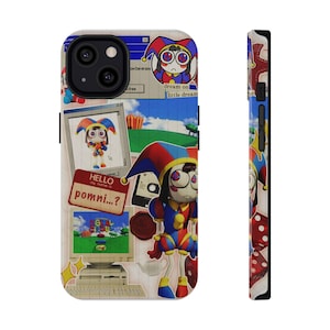 Peut inclure: Une coque de téléphone avec un collage d'images de The Amazing Digital Circus, incluant un personnage en costume de bouffon rouge et bleu, un écran d'ordinateur affichant un paysage et un badge avec le texte HELLO my name is pomni...?