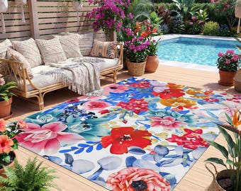 Alfombra de exterior floral colorida en acuarela / Alfombra de patio con flores de jardín brillantes