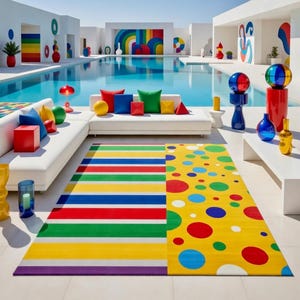 May include: A vibrant outdoor scene featuring a swimming pool and modern decor. A white sectional sofa is adorned with colorful pillows and geometric shapes. Two rugs with bold patterns, one striped and the other with polka dots, add a playful touch. Decorative objects in primary colors complete the scene.