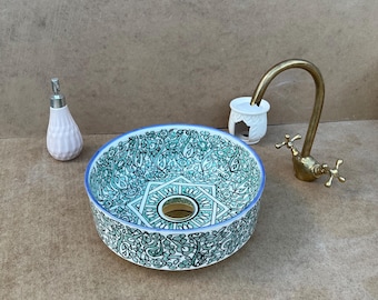 Lavabo fleuri sur mesure en Céramique Verte、Lavabo vasque、Lavabo marocain、Lavabo à モチーフ、Lavabo 職人の花。