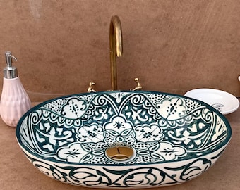 Lavabo de cerámica marroquí hecho a mano con diseño de azulejos - Lavabo ovalado de porcelana para tocador - Lavabo sobre encimera.