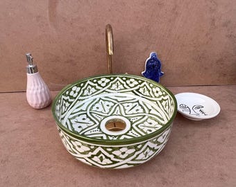 Lavabo marocain en céramique peint à la main Lavabo de salle de bain géométrique vert blanc Lavabo rond pour meuble-lavabo Maroc fes
