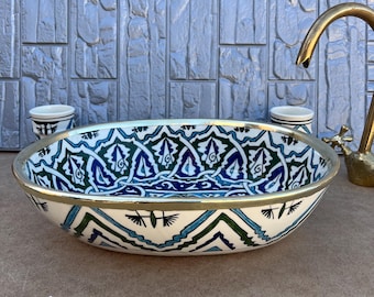Handmade Moroccan Ceramic Sink–Handmade Moroccan Vessel Sink–Hand Painted Bathroom Basin–Moroccan Pottery Vanity Sink–Artisan Bathroom Decor