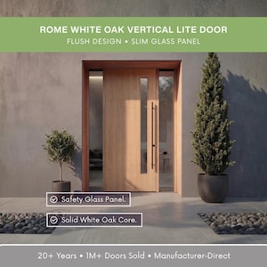 Pode incluir: Uma porta vertical de carvalho branco com um painel de vidro fino e uma maçaneta escura. O texto na imagem diz "ROME WHITE OAK VERTICAL LITE DOOR" e "FLUSH DESIGN • SLIM GLASS PANEL". Plantas em vasos emolduram a porta.