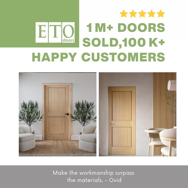 May include: Two images of wooden doors. The first door has a black handle and is flanked by two small potted trees. The second door has a gold handle. Text reads: ETO doors, 1M+ DOORS SOLD, 100K+ HAPPY CUSTOMERS. Quote: Make the workmanship surpass the materials.
