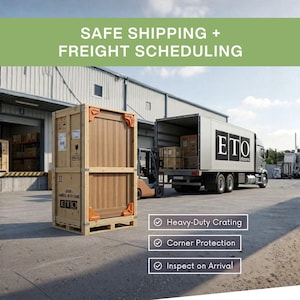 May include: A wooden crate with orange corner protectors sits on a pallet. A semi-truck with the "ETO doors" logo is loaded with boxes. The image includes the text "SAFE SHIPPING + FREIGHT SCHEDULING", "Heavy-Duty Crating", "Corner Protection", and "Inspect on Arrival".