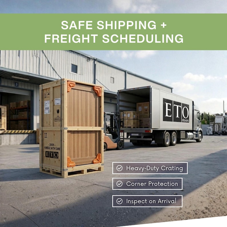 May include: A wooden crate with orange corner protectors sits on a pallet. A semi-truck with the "ETO doors" logo is loaded with boxes. The image includes the text "SAFE SHIPPING + FREIGHT SCHEDULING", "Heavy-Duty Crating", "Corner Protection", and "Inspect on Arrival".