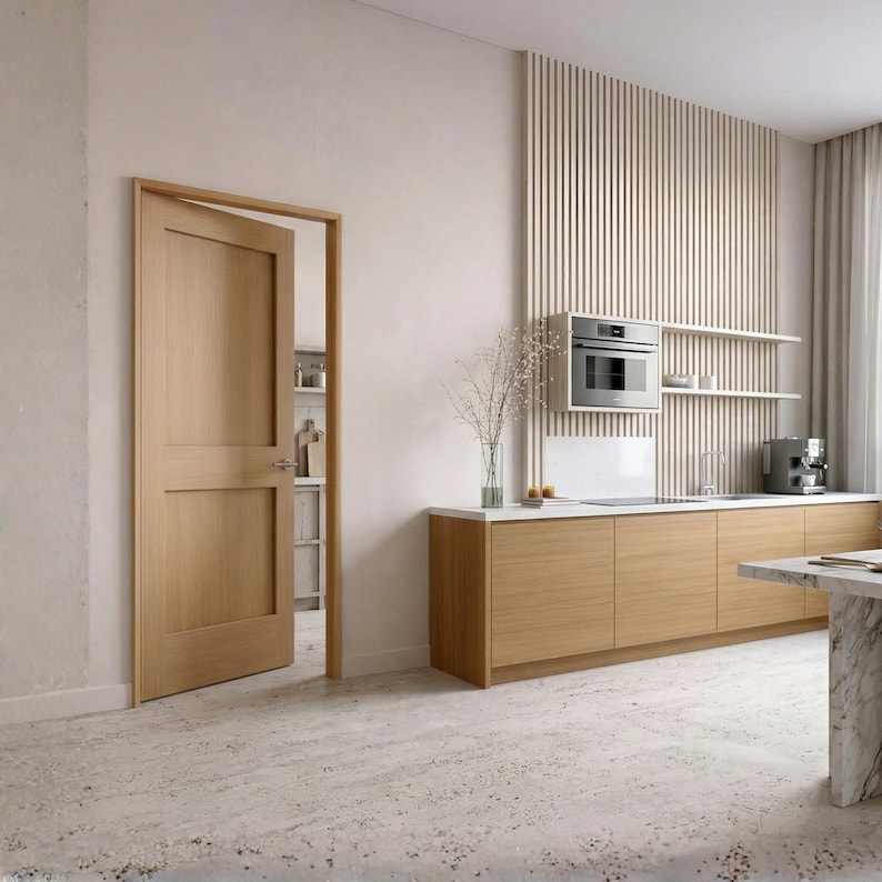 May include: A modern kitchen with light wood cabinetry, a built-in oven, and open shelving. A partially open wooden door reveals a glimpse of another room. The flooring is a light, speckled stone. The walls are painted a neutral color.