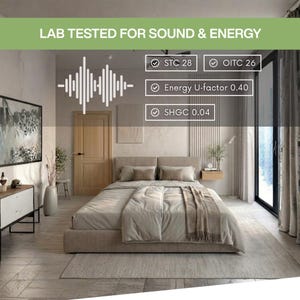 May include: A bedroom interior with a bed, nightstand, and large window. The bed is made with neutral-toned bedding and a throw blanket. The image includes text: "LAB TESTED FOR SOUND & ENERGY", "STC 28", "OITC 26", "Energy U-factor 0.40", and "SHGC 0.04".