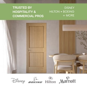May include: A light-colored wooden door with a simple design is the focal point of this image. The door is set in a neutral-toned room with a dining table and chairs visible. Text at the top reads "TRUSTED BY HOSPITALITY & COMMERCIAL PROS" and lists "Disney, Hilton, Boeing + MORE".