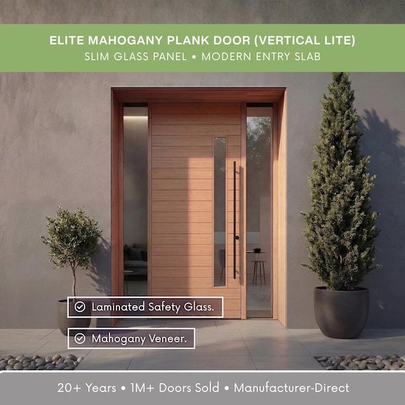 Modern Exterior Entry Door – Multi Horizontal Plank with Slim Vertical Lite | ELITE | Premium mahogany, Durable engineered core construction