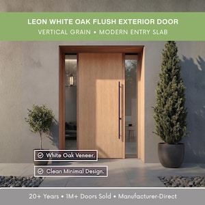 May include: A modern exterior door with white oak veneer and a vertical grain design. The door features a clean, minimal design with a long, black handle. The image also includes text that reads "LEON WHITE OAK FLUSH EXTERIOR DOOR" and "Clean Minimal Design."